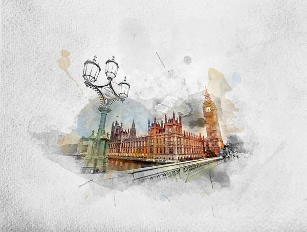 Aquarela Pintura Lâmpada Vintage Big Ben Visto Partir Westminster Bridge — Fotografia de Stock