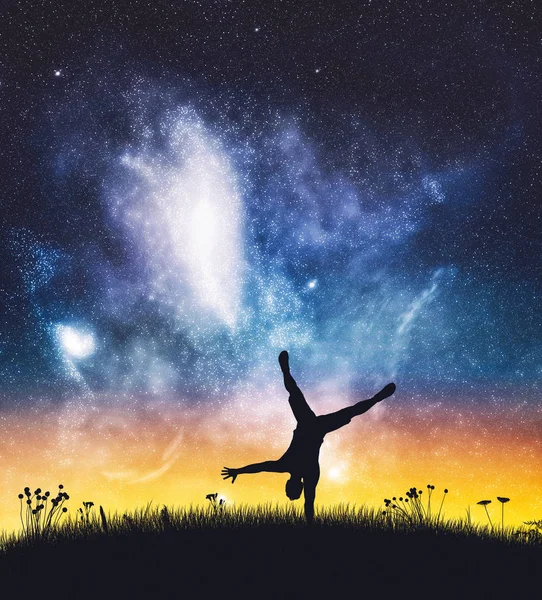 Acrobat Man Standing One Hand Starry Night Sky Silhouette Field — Stock Photo, Image