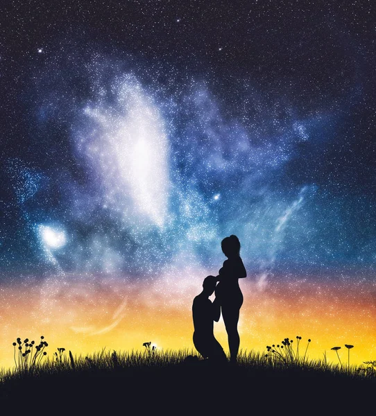 Man Kissing Pregnant Woman Belly Starry Sky Silhouettes Field Night — Stock Photo, Image