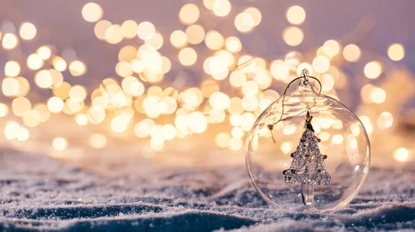 Christmas Glass Ball Tree Winter Background Snow Christmas Lights — Stock Photo, Image