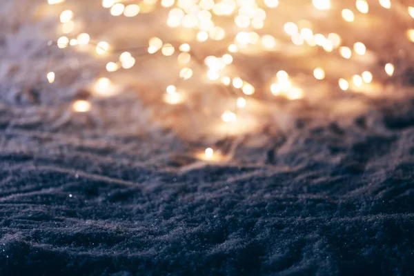 Fond Hiver Enneigé Avec Des Lumières Fées Fond Soirée Noël — Photo