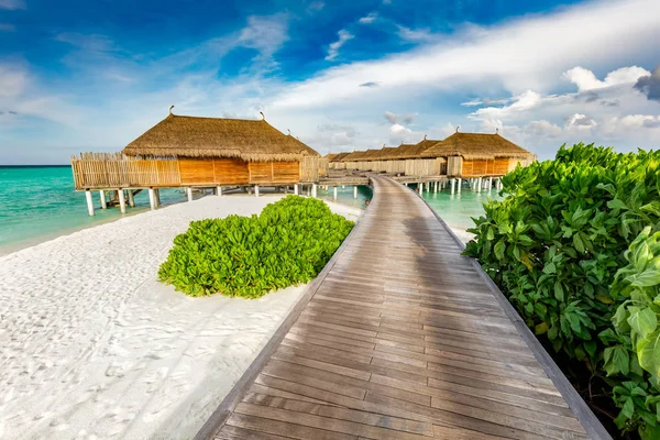 Embarcadero Madera Cabañas Bajo Cielo Nublado Maldivas — Foto de Stock