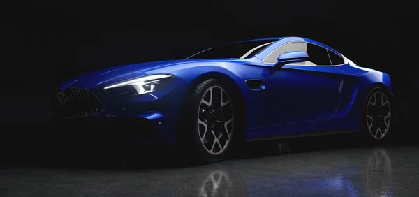 Voiture Sport Coupé Bleu Moderne Lumière Douce Sur Fond Noir — Photo