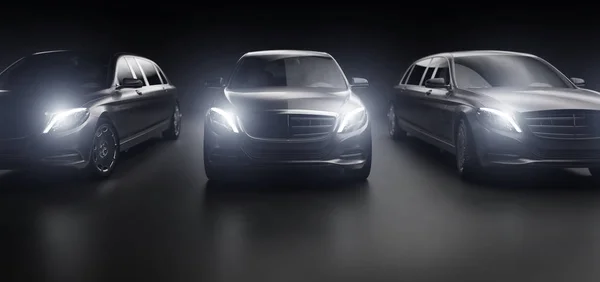 Luxurious Cars Glowing Headlights Black Background — Stock Photo, Image
