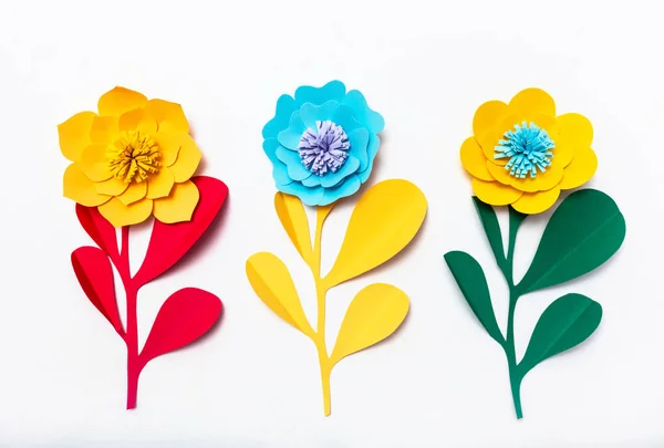 Färgglada Handgjorda Papper Blommor Vit Bakgrund — Stockfoto