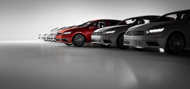 Compact cars fleet in studio garage, 3D rendering clipart