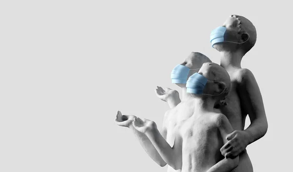 Oud Menselijk Standbeeld Met Gezichtsmasker Tegen Het Coronavirus Covid Illustratie — Stockfoto