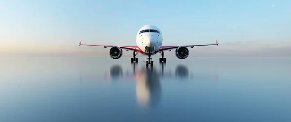 Avión Pista Atardecer Aviones Modernos Pasajeros Aerolínea Comercial — Foto de Stock