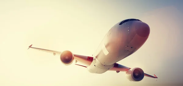 Flugzeuge Fliegen Bei Sonnenuntergang Modernes Passagierflugzeug Kommerzielle Fluggesellschaft Renderer — Stockfoto