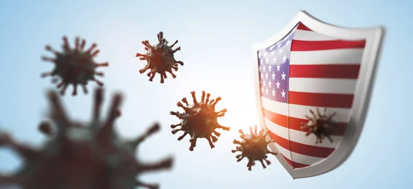 Pajzs Amerikai Zászló Véd Koronavírus Covid Nemzeti Őrködés Támogatás Világjárvány — Stock Fotó