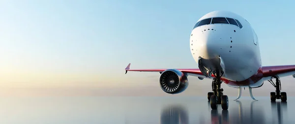 Avión Pista Atardecer Aviones Modernos Pasajeros Aerolínea Comercial —  Fotos de Stock