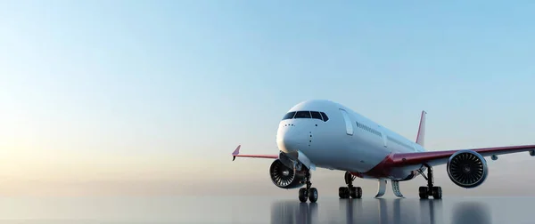 Avião Pista Pôr Sol Passageiro Aeronaves Modernas Companhia Aérea Comercial — Fotografia de Stock