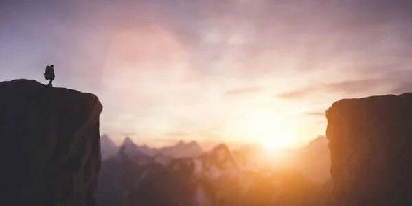 Человек Вершине Горы Смотрит Закатное Небо Путешествие Приключения Вдохновляюще Иллюстрация — стоковое фото
