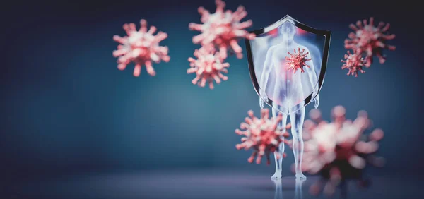 コロナウイルスCovid 19からシールド保護 コロナウイルスに対する概念的な免疫 3Dイラスト — ストック写真