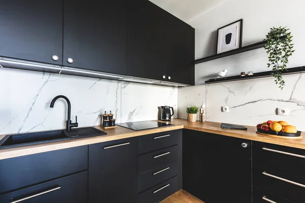 Cozinha Moderno Apartamento Estúdio Para Alugar Design Interiores Estilo Preto — Fotografia de Stock