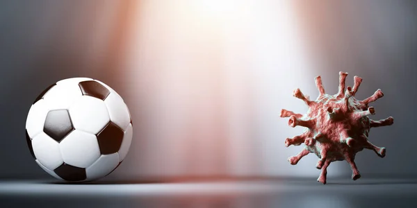 サッカー サッカー対コロナウイルスCovid パンデミックの概念に対するスポーツ 3Dレンダリング — ストック写真