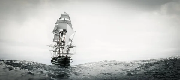 Pirate ship sailing on stormy ocean. Vintage adventure