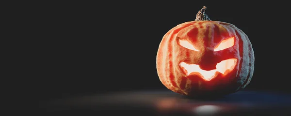 Abóbora Halloween Brilhar Jack Lanterna Assustador Rosto Esculpido — Fotografia de Stock