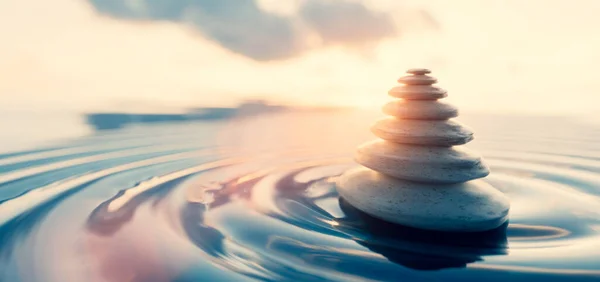 Fondo Atención Plena Meditación Rocas Zen Agua Atardecer Renderizado —  Fotos de Stock