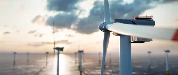 Morska Farma Wiatrowa Energetyczna Wieloma Turbinami Wiatrowymi Oceanie Zrównoważona Produkcja — Zdjęcie stockowe