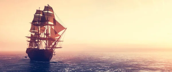 Navio Pirata Navegando Oceano Pôr Sol Cruzeiro Vintage — Fotografia de Stock