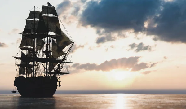 Piratenschip Zeilen Oceaan Bij Zonsondergang Vintage Cruise — Stockfoto