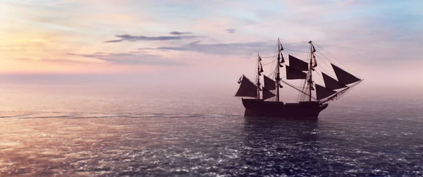 Piratenschiff Auf Dem Ozean Bei Sonnenuntergang Oldtimer Kreuzfahrt — Stockfoto