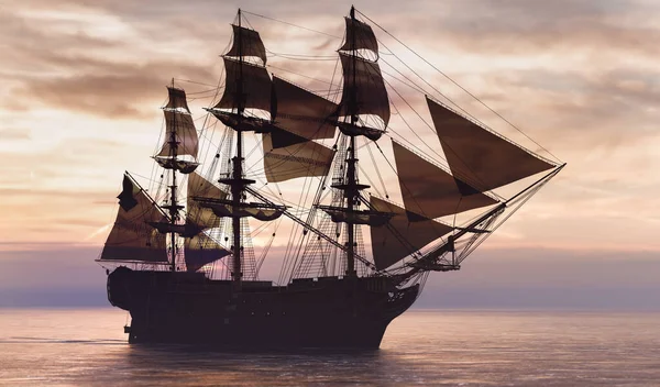 Nave Pirata Che Naviga Sull Oceano Tramonto Crociera Vintage — Foto Stock