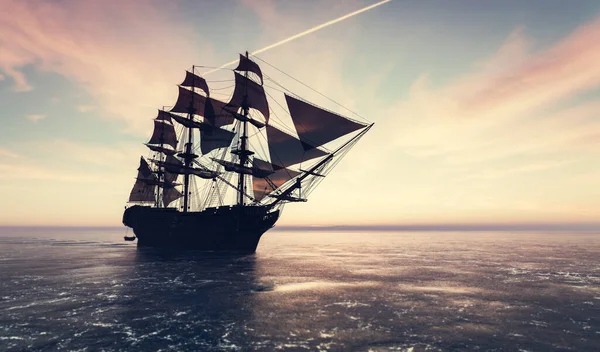 Nave Pirata Che Naviga Sull Oceano Tramonto Crociera Vintage — Foto Stock