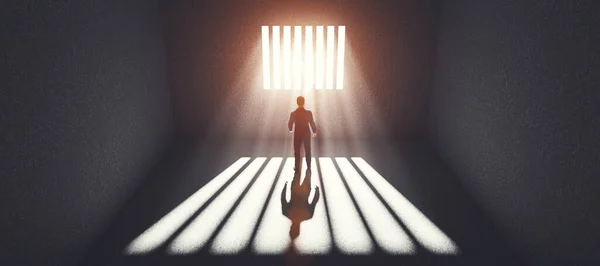刑務所にいるビジネスマンは刑務所のバーの後ろからの光を見ている 経済的犯罪 罰の概念だけでなく 自由の希望 3Dイラスト — ストック写真