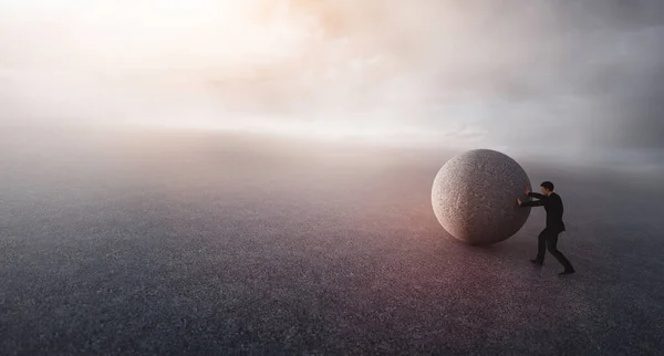 重い岩を押すビジネスマン 難しい仕事 努力と闘争の概念 3Dイラスト — ストック写真