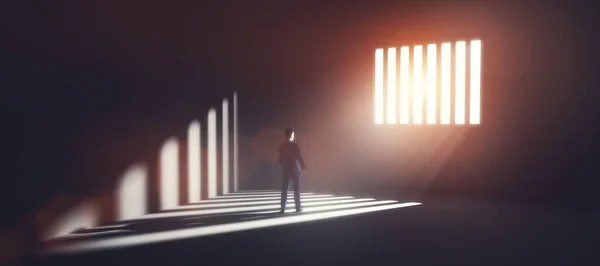 Affärsman Fängelset Tittar Ljus Som Kommer Från Bakom Fängelset Begreppet — Stockfoto
