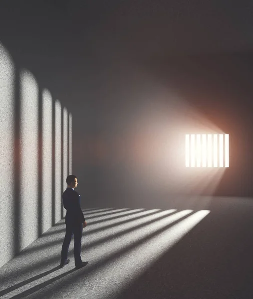 Affärsman Fängelset Tittar Ljus Som Kommer Från Bakom Fängelset Begreppet — Stockfoto