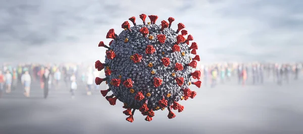 Coronavirus Covid-19 among crowd of people. Social distancing during pandemic. 3D illustration