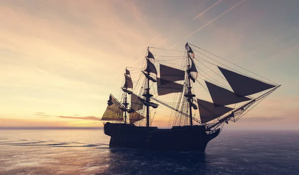 Piratenschiff Auf Dem Ozean Bei Sonnenuntergang Oldtimer Kreuzfahrt — Stockfoto