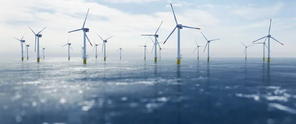 Morska Farma Wiatrowa Energetyczna Wieloma Turbinami Wiatrowymi Oceanie Zrównoważona Produkcja — Zdjęcie stockowe