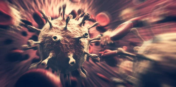 コロナウイルスCovid 19と生物の血液細胞 世界中のパンデミックを引き起こすウイルス 3Dレンダリング — ストック写真