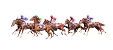 Beyaz arka planda soylu bir atın üstünde yedi şakacı.