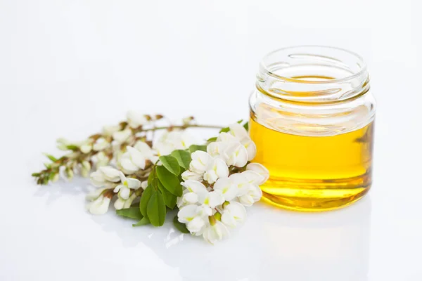 Jar Acacia Honey White Background Food Drink — Stock Photo, Image