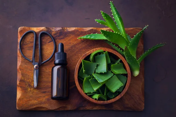 Botol Aloe Vera Esensial Minyak Dengan Aloe Segar Konsep Perawatan — Stok Foto