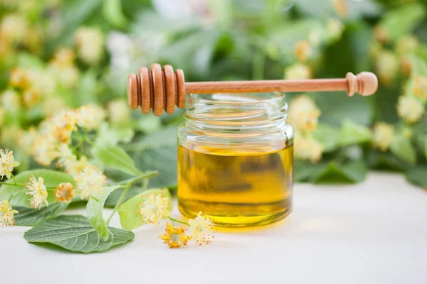 Closeup Jar Fresh Honey Flowers Linden White Background — Stock Photo, Image