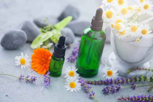 Två Flaskor Med Aromterapi Olja Blommor Och Örter Begreppet Alternativmedicin — Stockfoto