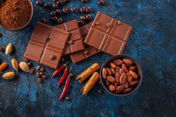 Chocolade Kruiden Met Stukjes Cacaobonen Poeder Kommen Blauwe Achtergrond — Stockfoto