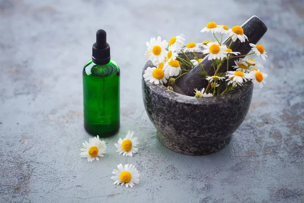 Mortero Pestle Con Flores Manzanilla Botella Con Aceite Aromaterapia Concepto —  Fotos de Stock