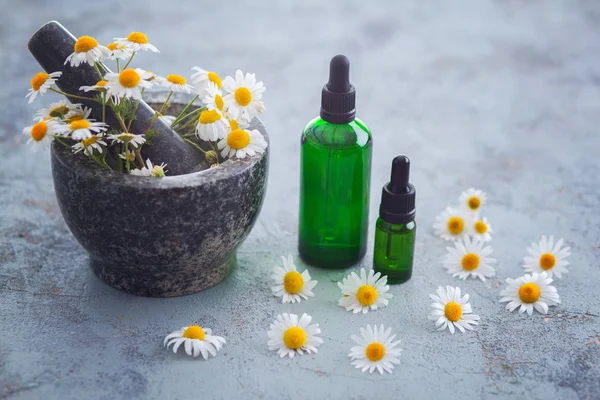 Mortar Pestle Chamomile Flowers Bottles Aromatherapy Oil Beauty Treatment Concept — Stock Photo, Image