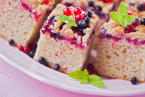 White Plate Slices Tasty Summer Berry Yeast Cake Sweet Food — Stock Photo, Image