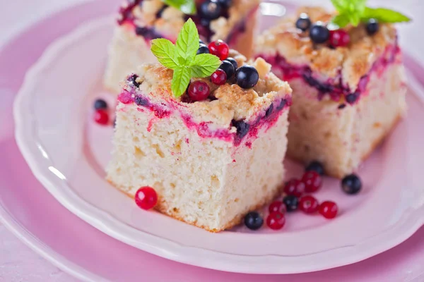 Plates Tasty Summer Berry Yeast Cake Sweet Food Concept — Stock Photo, Image