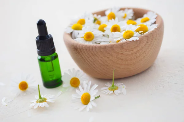 Aromatherapy Essential Oil Chamomile Flowers Wooden Bowl Isolated White Background — Stock Photo, Image