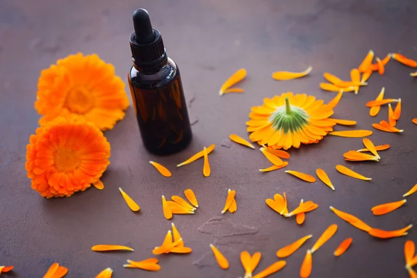 Marigold Essential Oil Fresh Flowers Beauty Treatment — Stock Photo, Image
