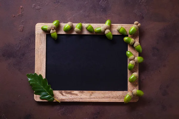 Autumn Mood Concept Blank Chalkboard Green Acorns Leaf — Stock Photo, Image